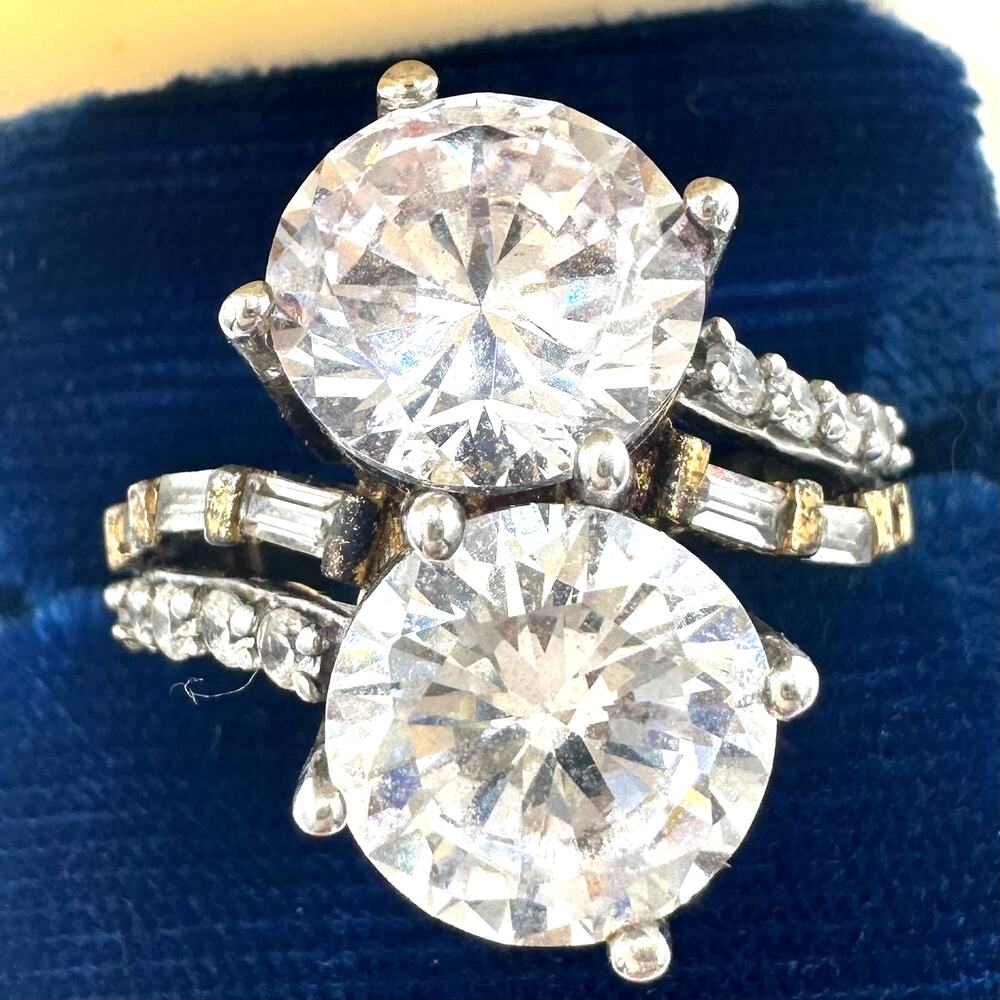 SJ 925 sterling silver gold vermeil clear cubic zirconia cocktail ring size 7.5